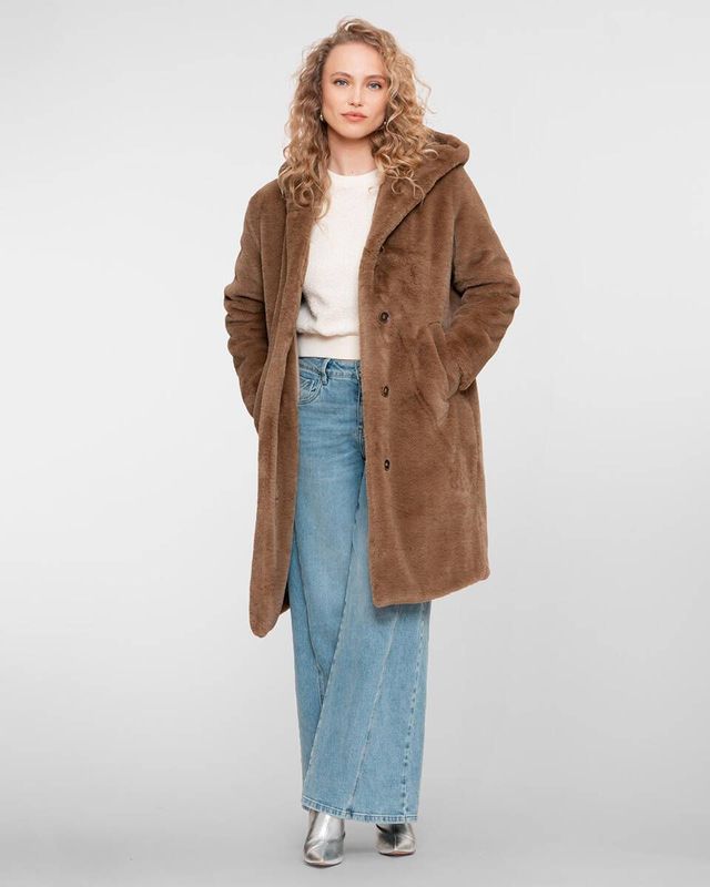 Geisha Coat fake fur with hood Bruin