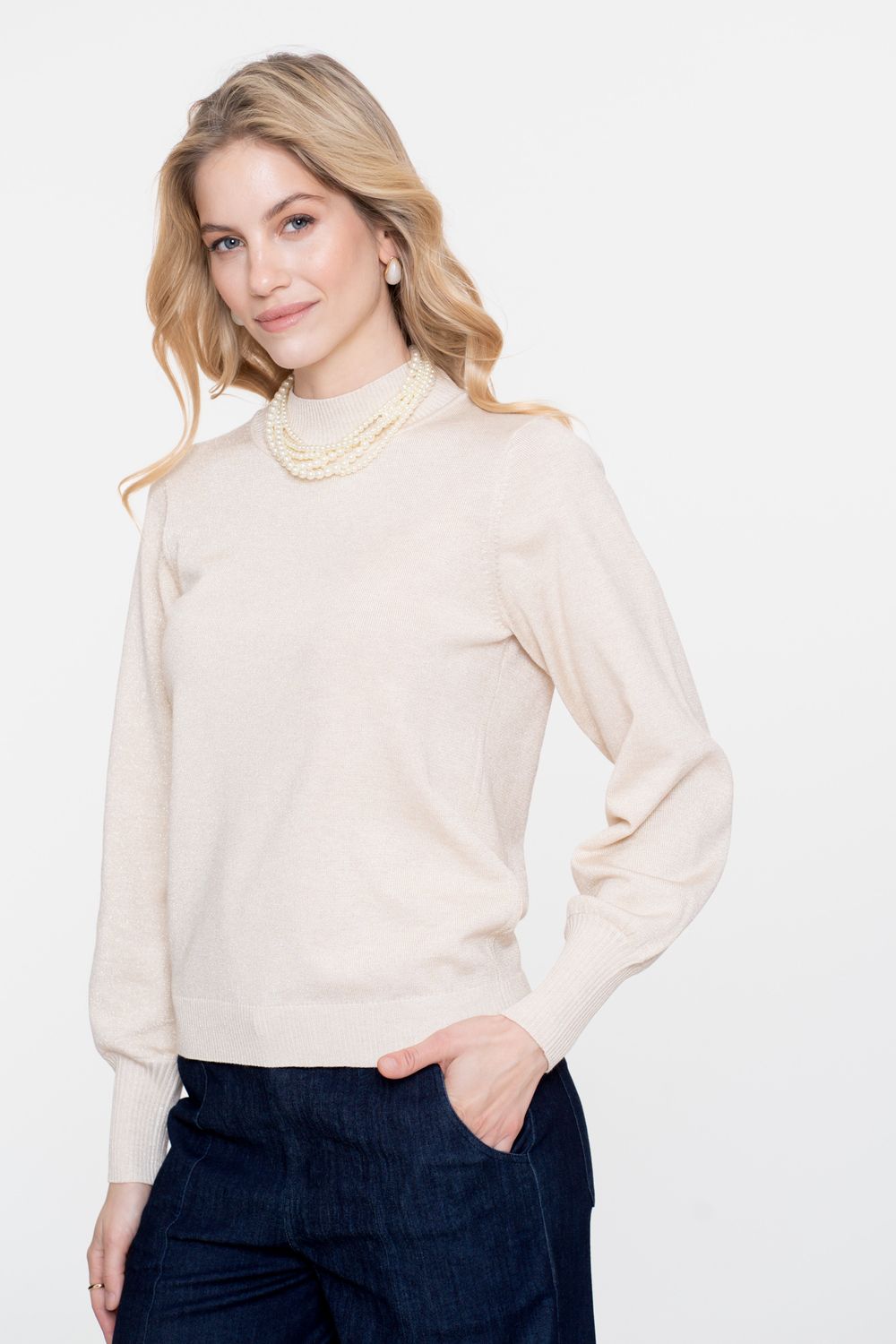Geisha Pullover basic turtle lurex Ecru