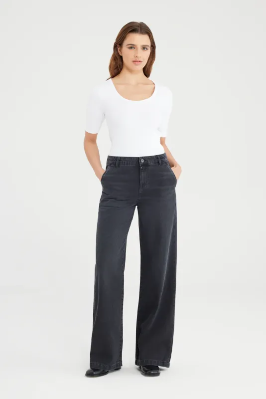 Cup Of Joe Denim wide leg chino Zwart Maxine