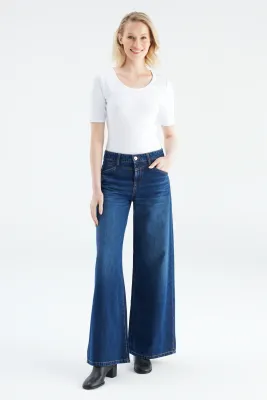 Cup Of Joe Denim mid waist wide leg Blauw Hazel