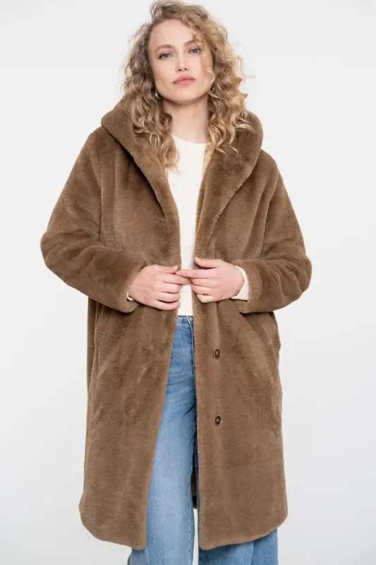 Geisha Coat fake fur with hood Bruin