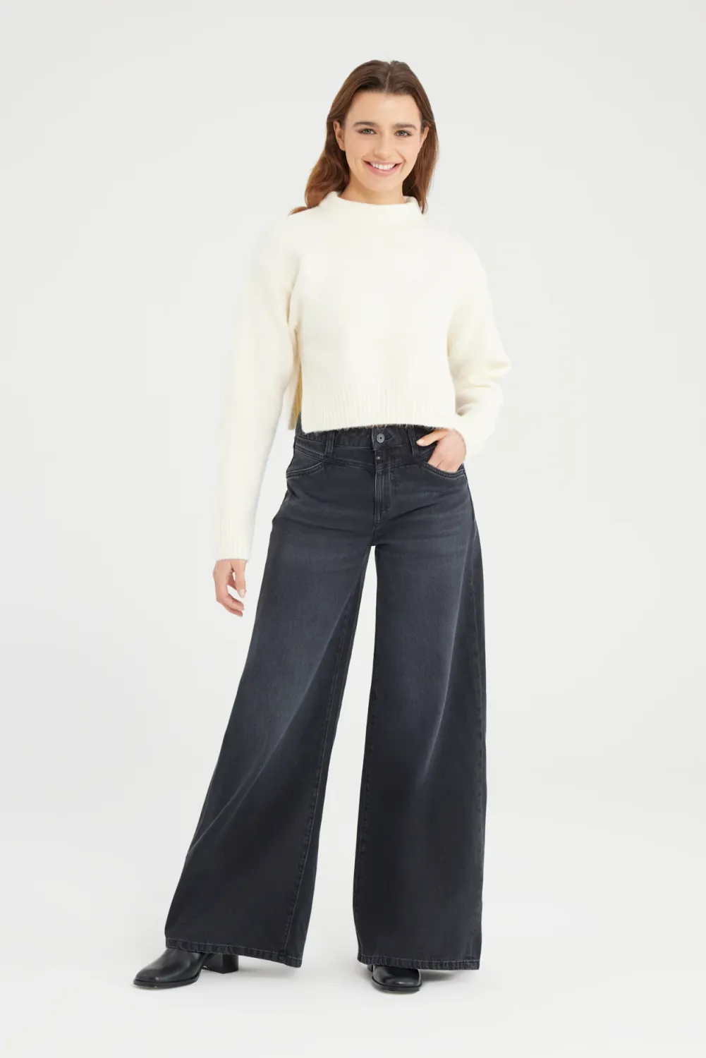 Cup Of Joe Denim mid waist wide leg Zwart Hazel