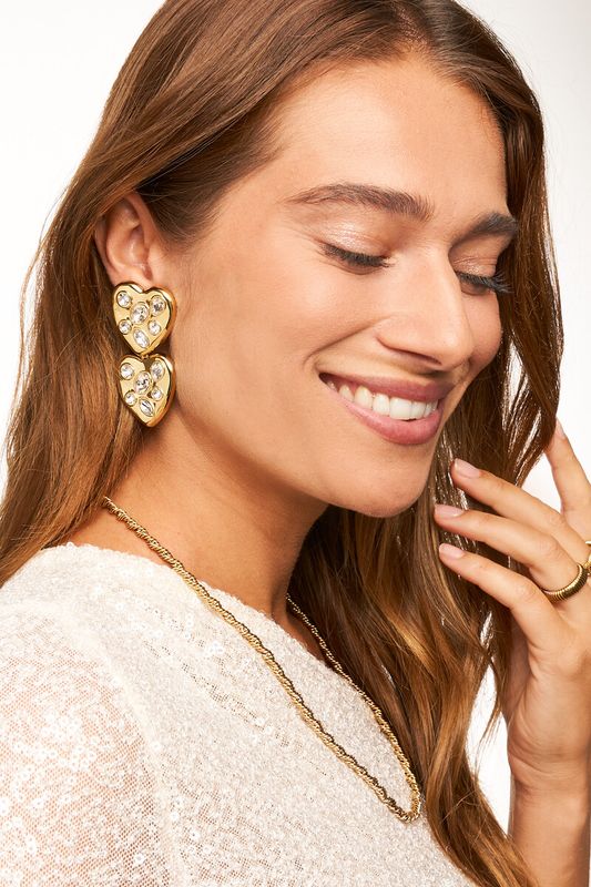 My Jewellery Earring double heart strass colour Goud