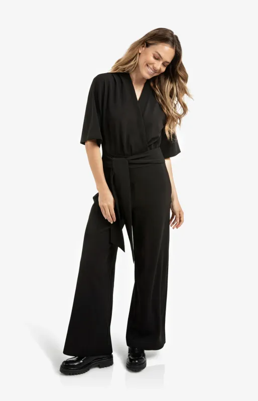 Yaya Jersey jumpsuit met korte mouwen en strikceintuur zwart