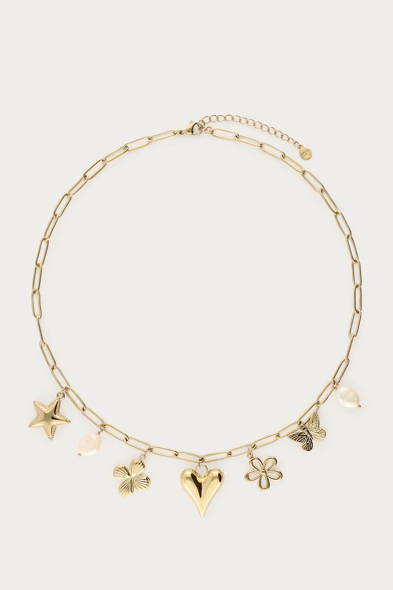 My Jewellery Necklace pink beads multi charms Goud