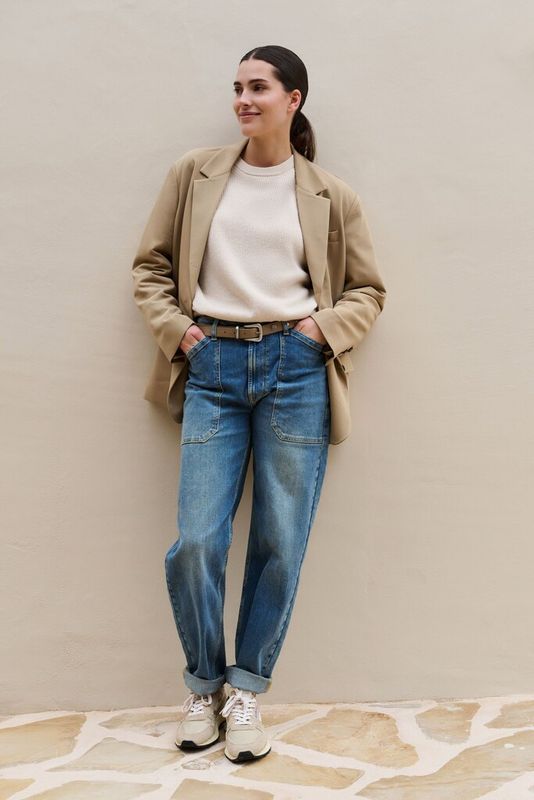 YAYA Denim cargobroek met laag kruis en wijde pijpen