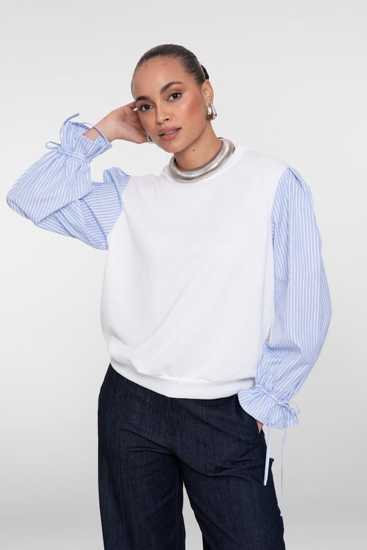 Geisha Sweater Striped Sleeves Ecru