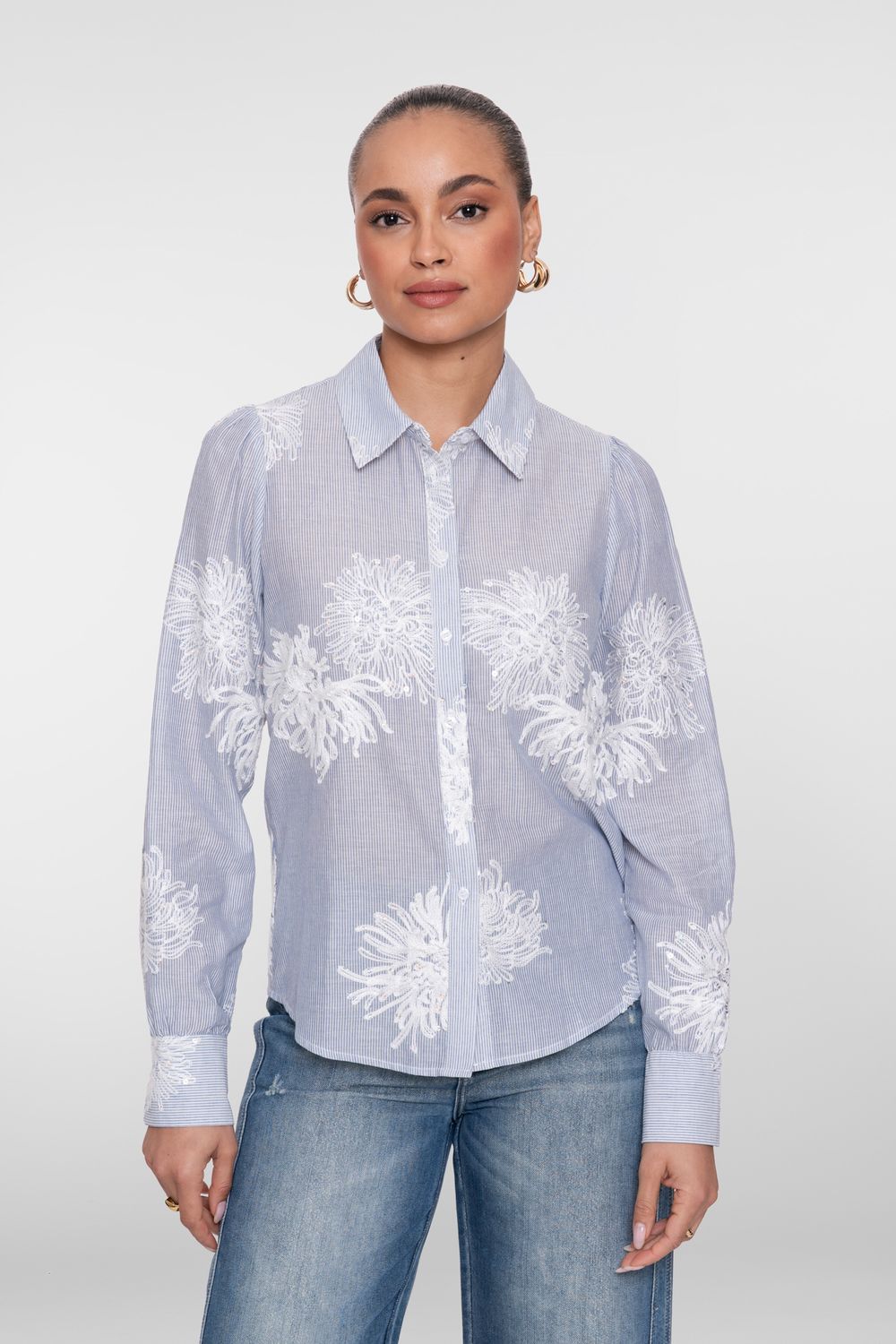Geisha Blouse Embroidered Flowers Blauw