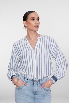 Geisha Blouse striped embroiderd cuffs Ecru