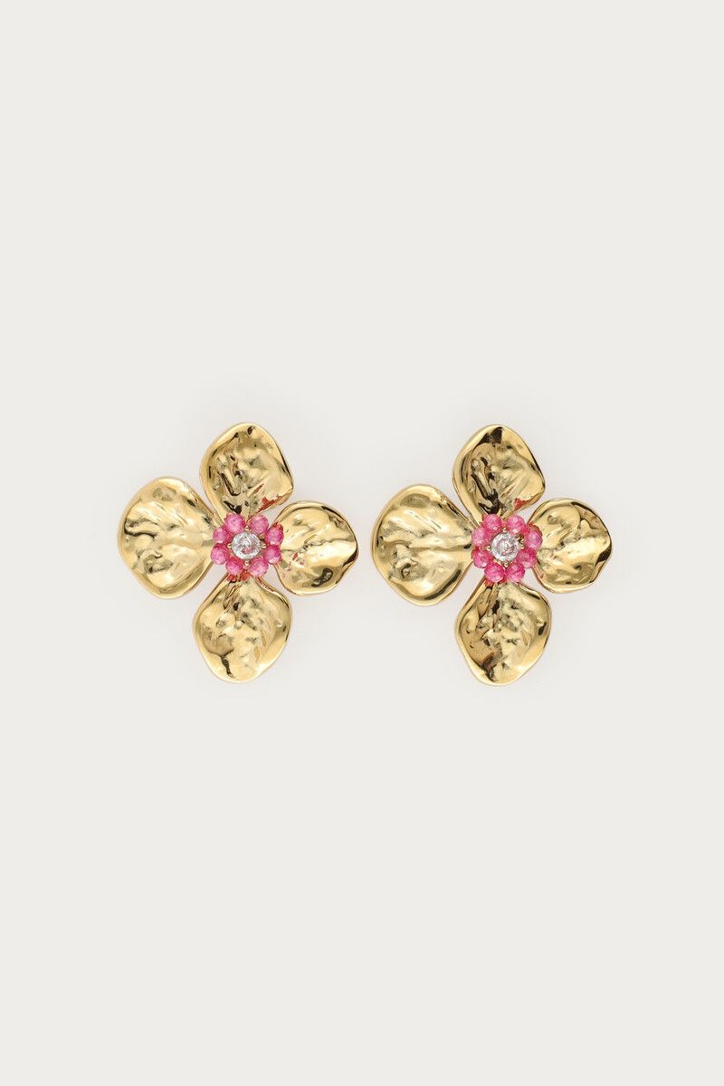 My Jewellery Botanical oorhangers met bloem en roze kralen goud