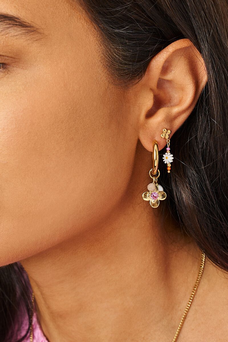 My Jewellery Botanical statement oorringen met bloem en roze strass steen goud
