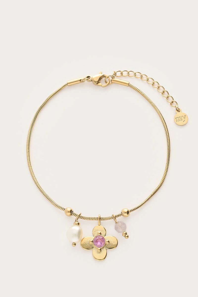 My Jewellery Botanical armband met bloem en roze strass-steentjes goud
