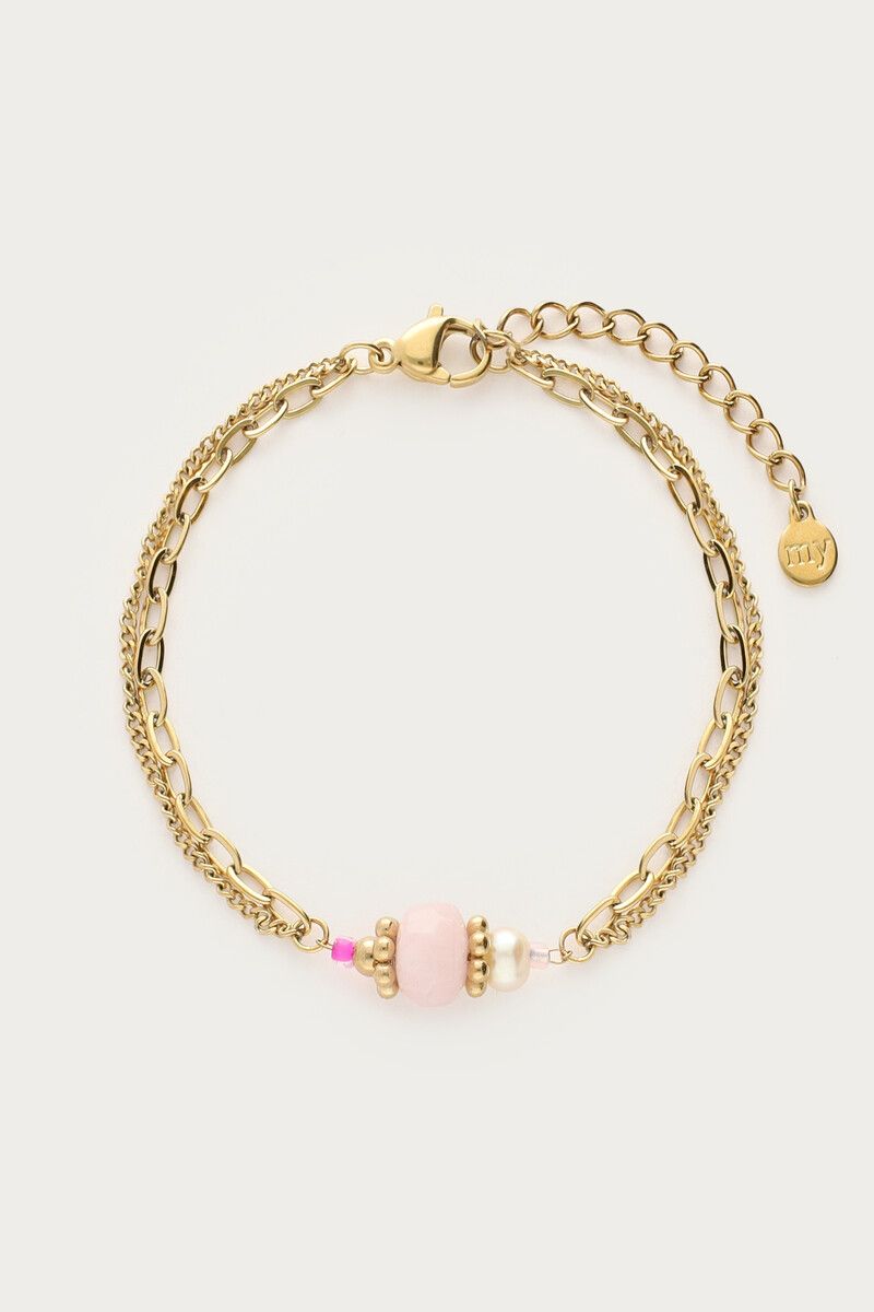 My Jewellery Bracelet double chain pink bead Goud