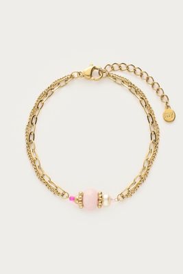 My Jewellery Bracelet double chain pink bead Goud