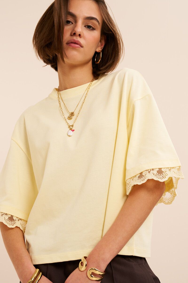My Jewellery Geel boxy T-shirt met kanten mouwen