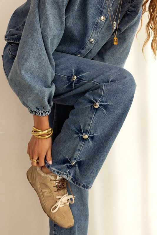 My Jewellery Blauwe wide leg jeans met studs