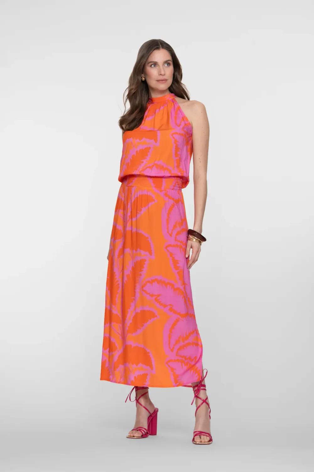 Geisha maxi halterjurk met palmblad print paars/oranje