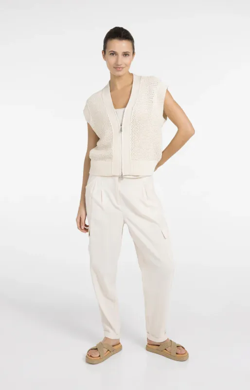 YAYA Mouwloos grofgebreid vest met rits en opengewerkt patroon Ecru