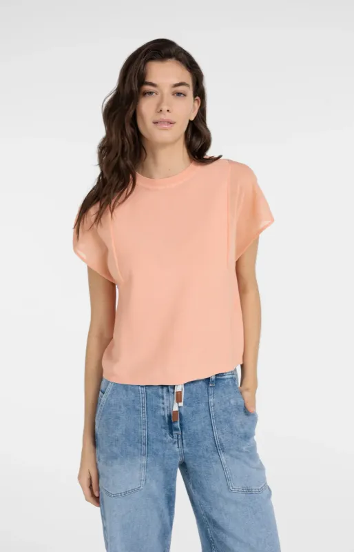 YAYA Top met transparante korte mouwen en ronde hals Perzik Oranje