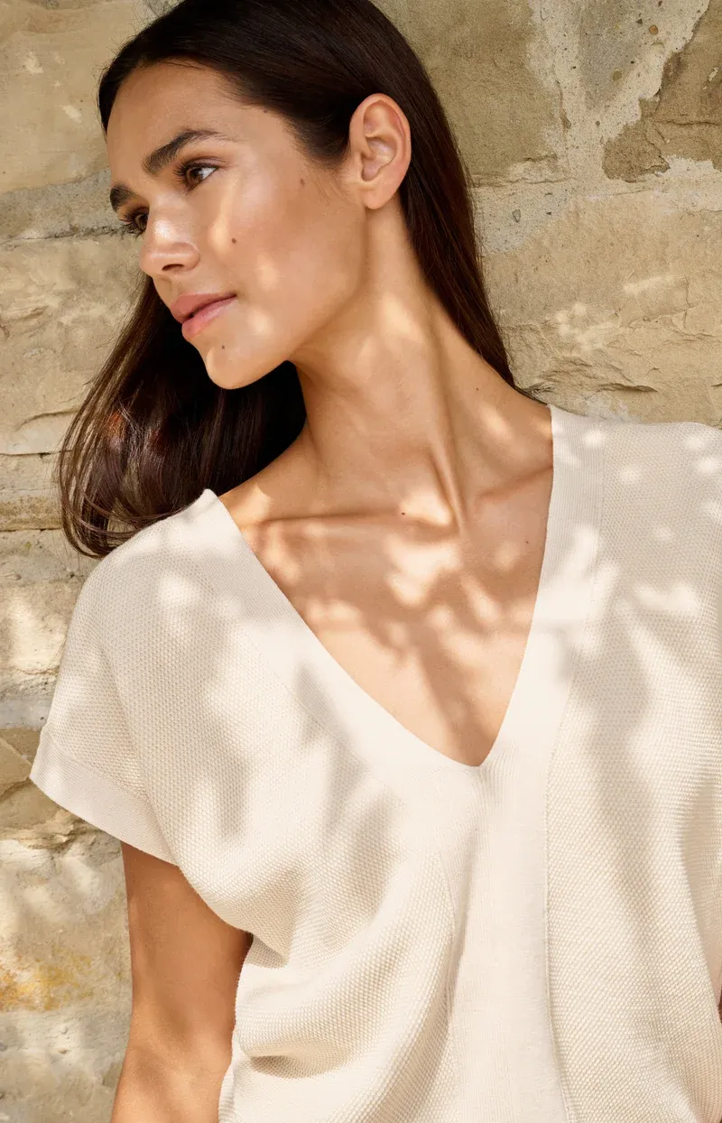 YAYA Trui met korte mouwen en dubbele V-hals Ecru