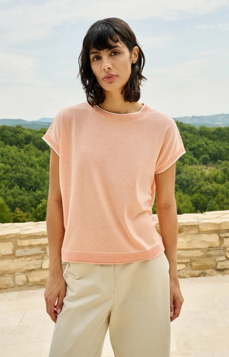 YAYA Gebreide top met korte mouwen en contrasterende boorden Perzik Oranje
