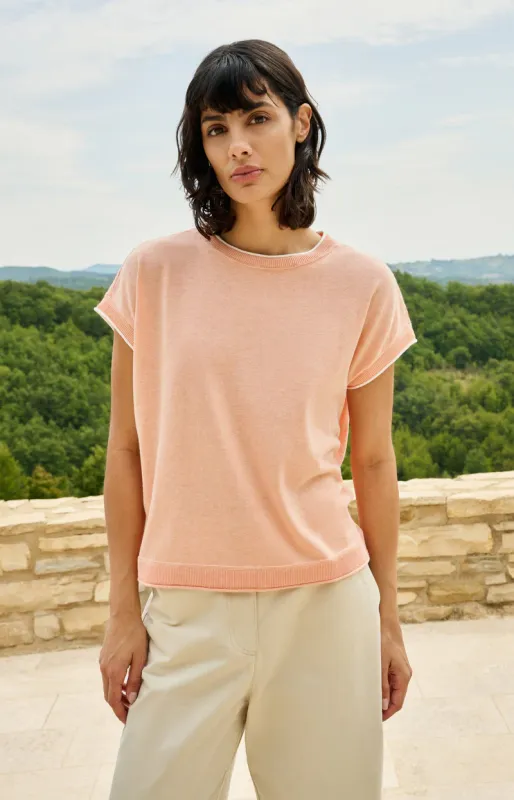 YAYA Gebreide top met korte mouwen en contrasterende boorden Perzik Oranje