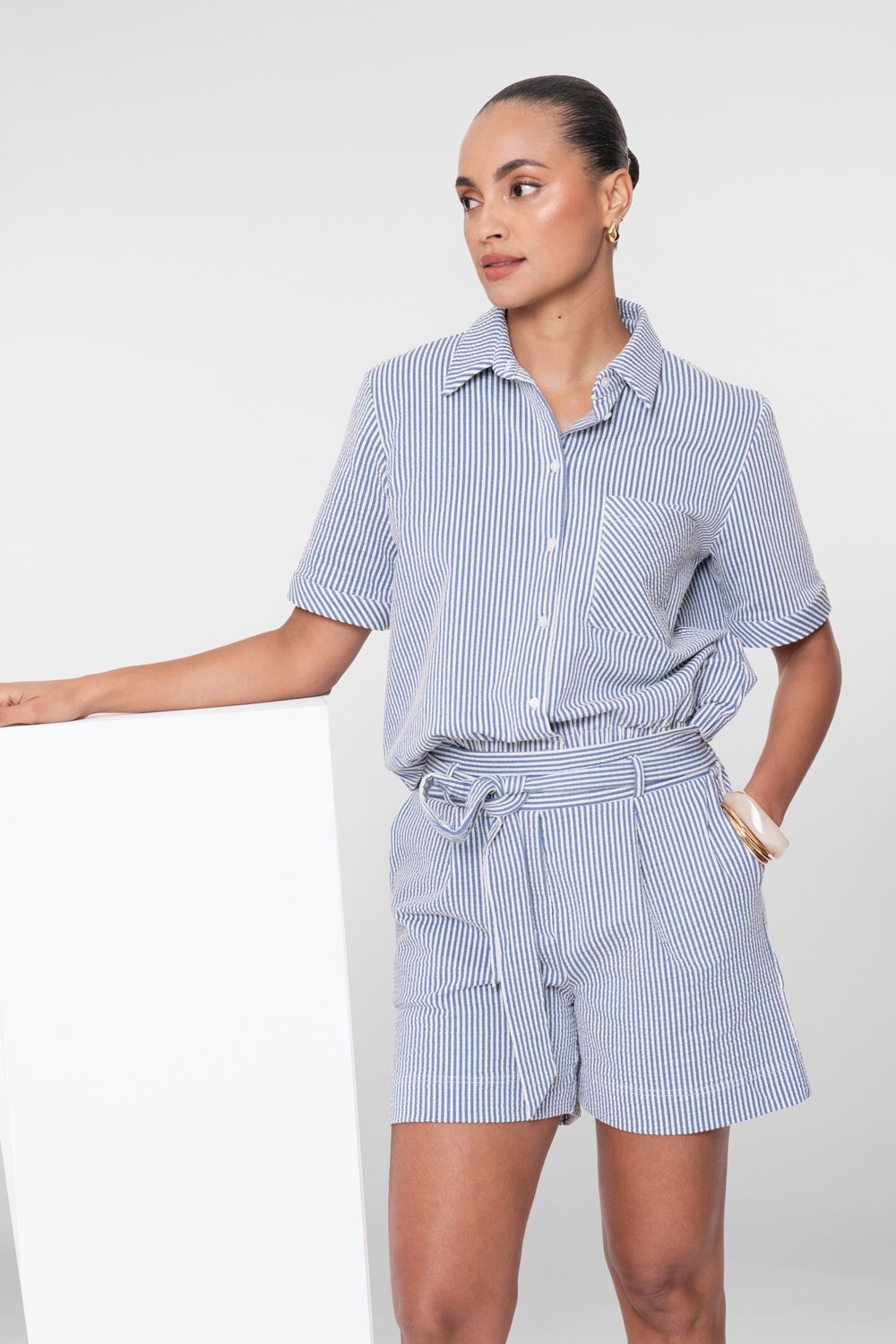Geisha blouse met streepdessin en korte mouwen Blauw