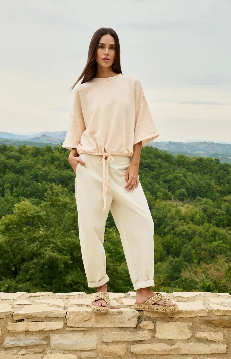 YAYA Barrel broek met hoge taille en knoopdetail Ecru