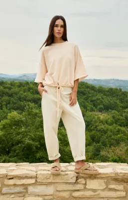 YAYA Barrel broek met hoge taille en knoopdetail Ecru