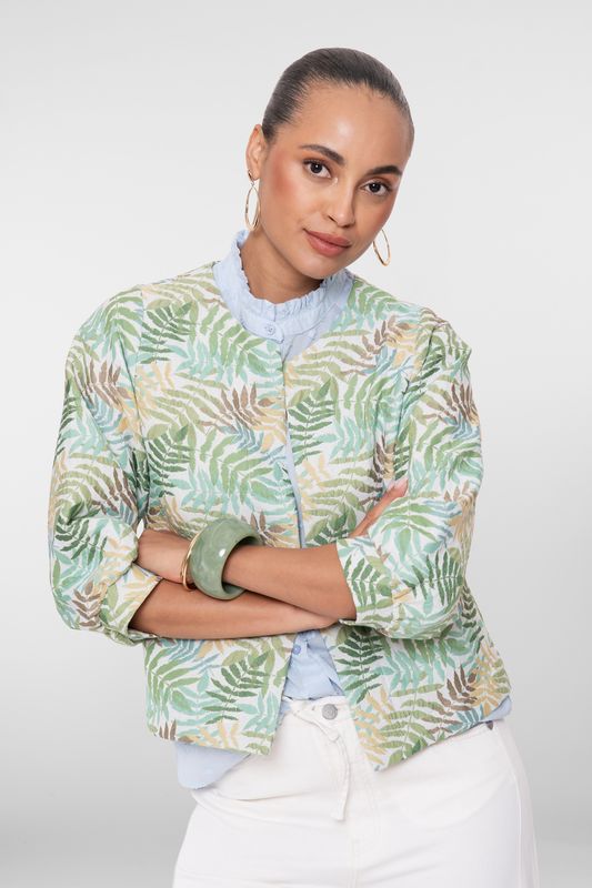 Geisha bomber jasje met palmbladeren print Groen