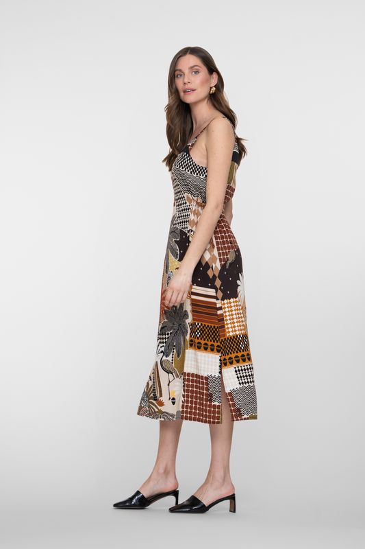 Geisha midi jurk grafische print bruin