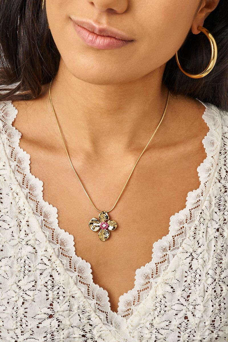 My Jewellery Botanical ketting met bloem en roze kralen Goud