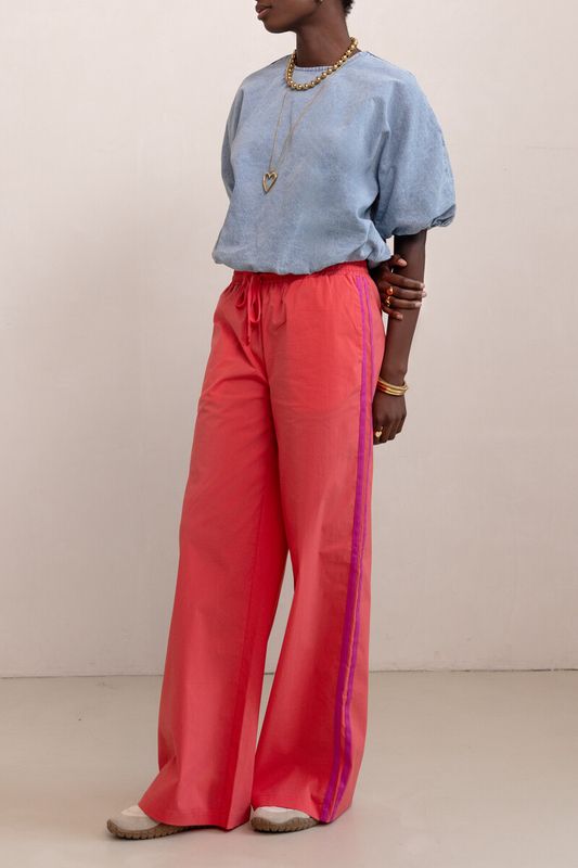 My Jewellery Koraal wide leg broek met contrast streep