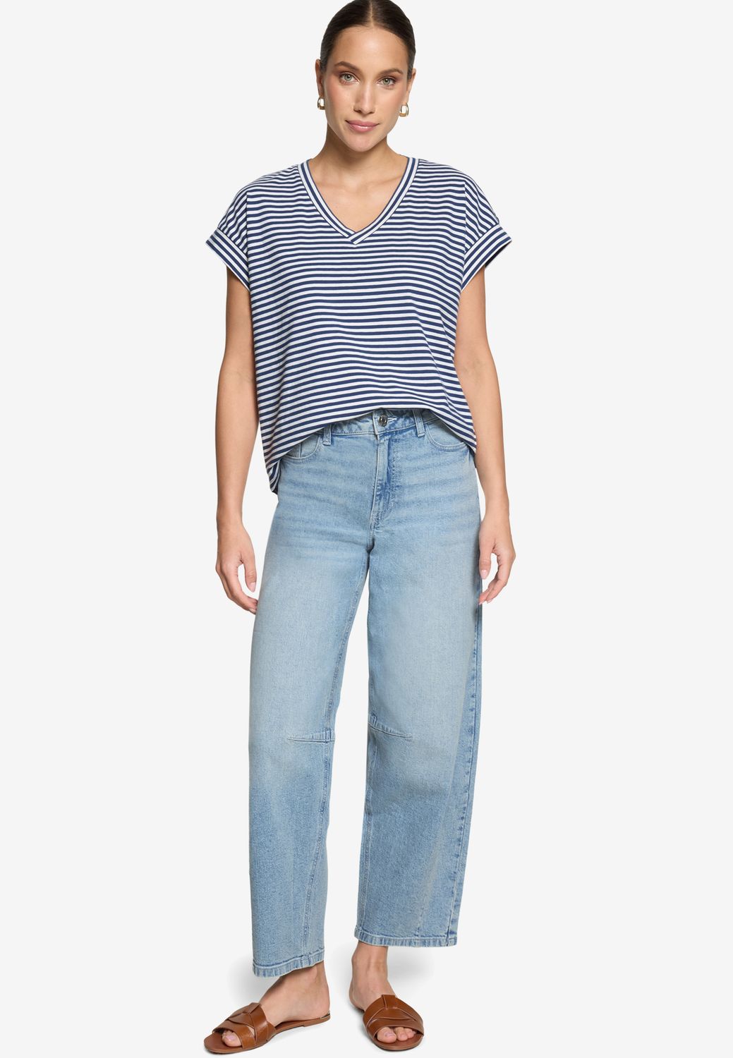 Zero t-shirt met v hals en streep blauw/wit