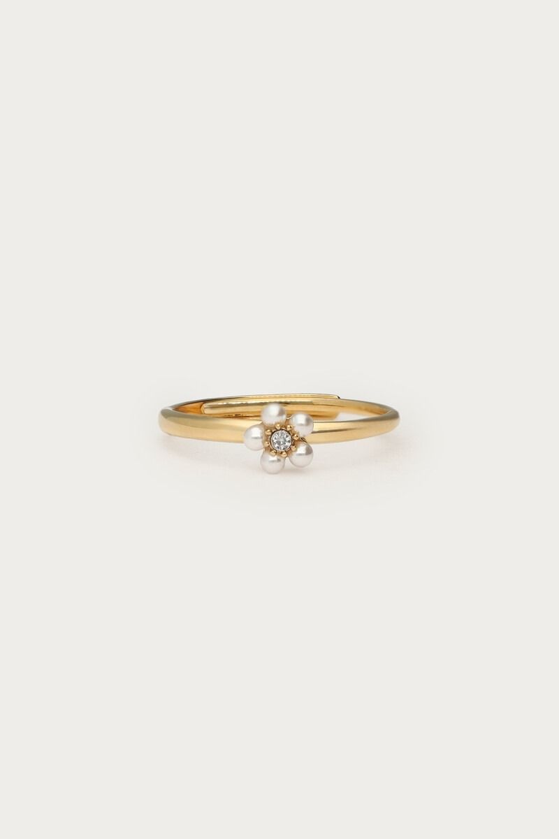 My Jewellery Ring met zoetwaterparel bloem en mini strass steen OS Goud