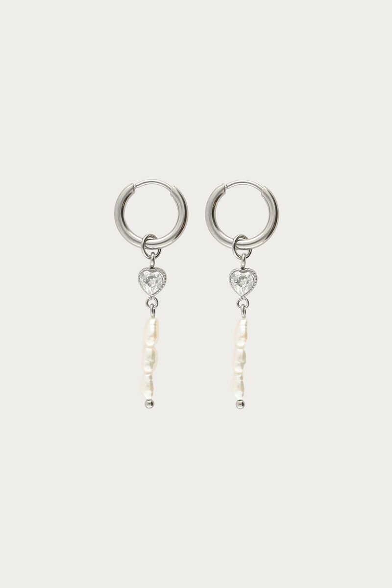 My Jewellery Oorringen met strass hartje en zoetwaterparels zilver