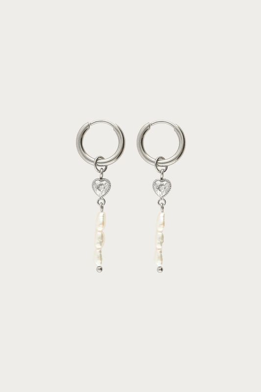 My Jewellery Oorringen met strass hartje en zoetwaterparels zilver