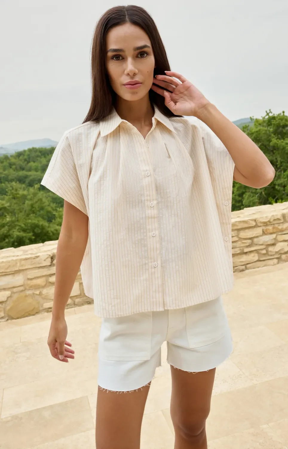 YAYA Mouwloze gestreepte blouse met knoopdetail Oranje