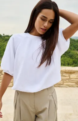 YAYA Geweven T-shirt met ballonmouwen en rits Wit