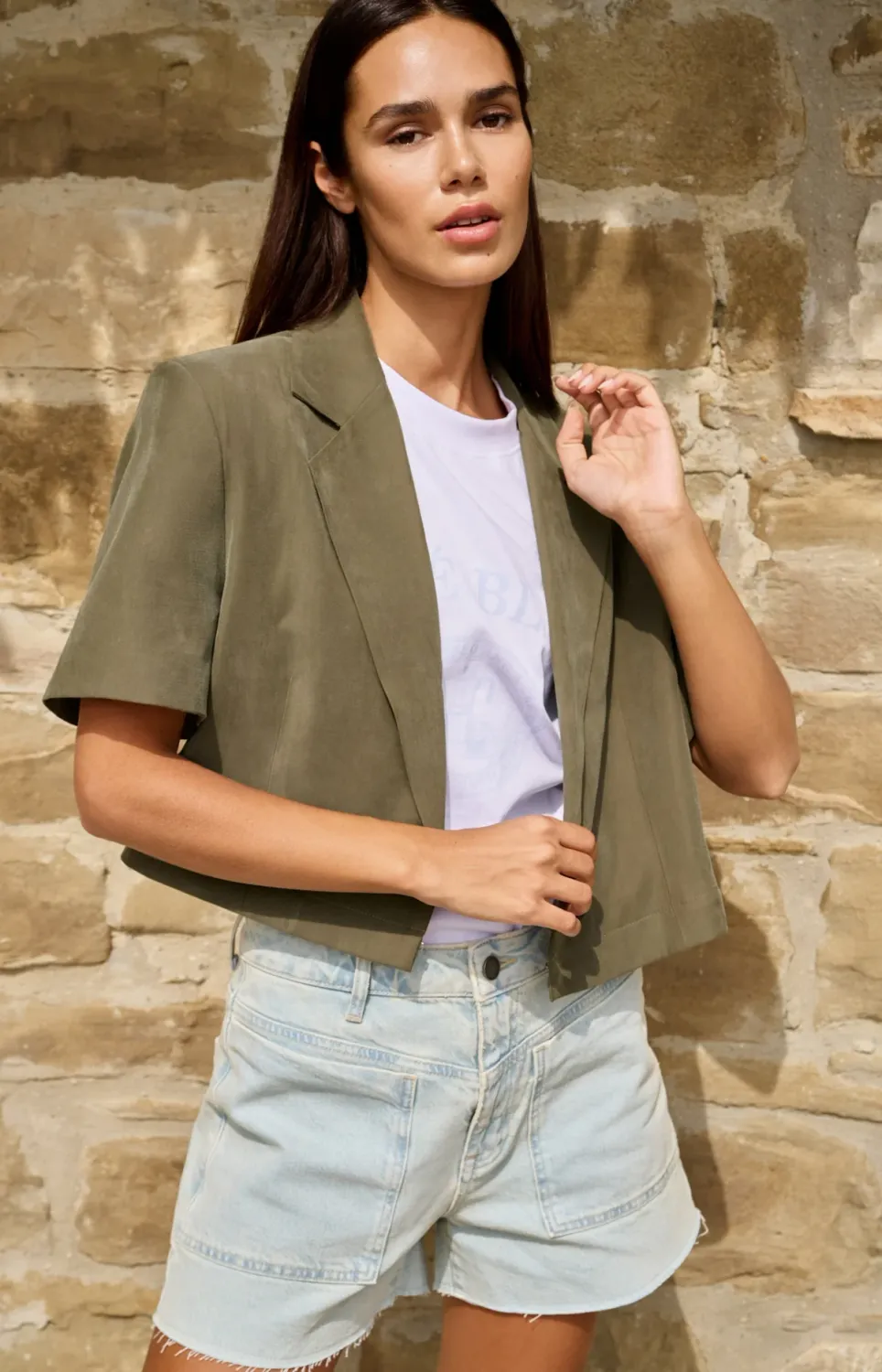 YAYA Geweven blazer met korte mouwen en afritsbare zoom Groen