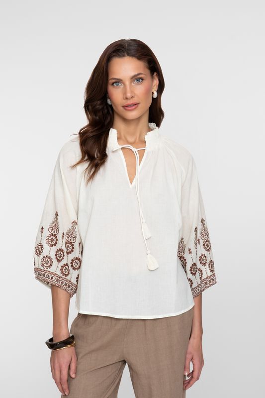 Geisha Blouse embroidered sleeves Ecru 63434-26