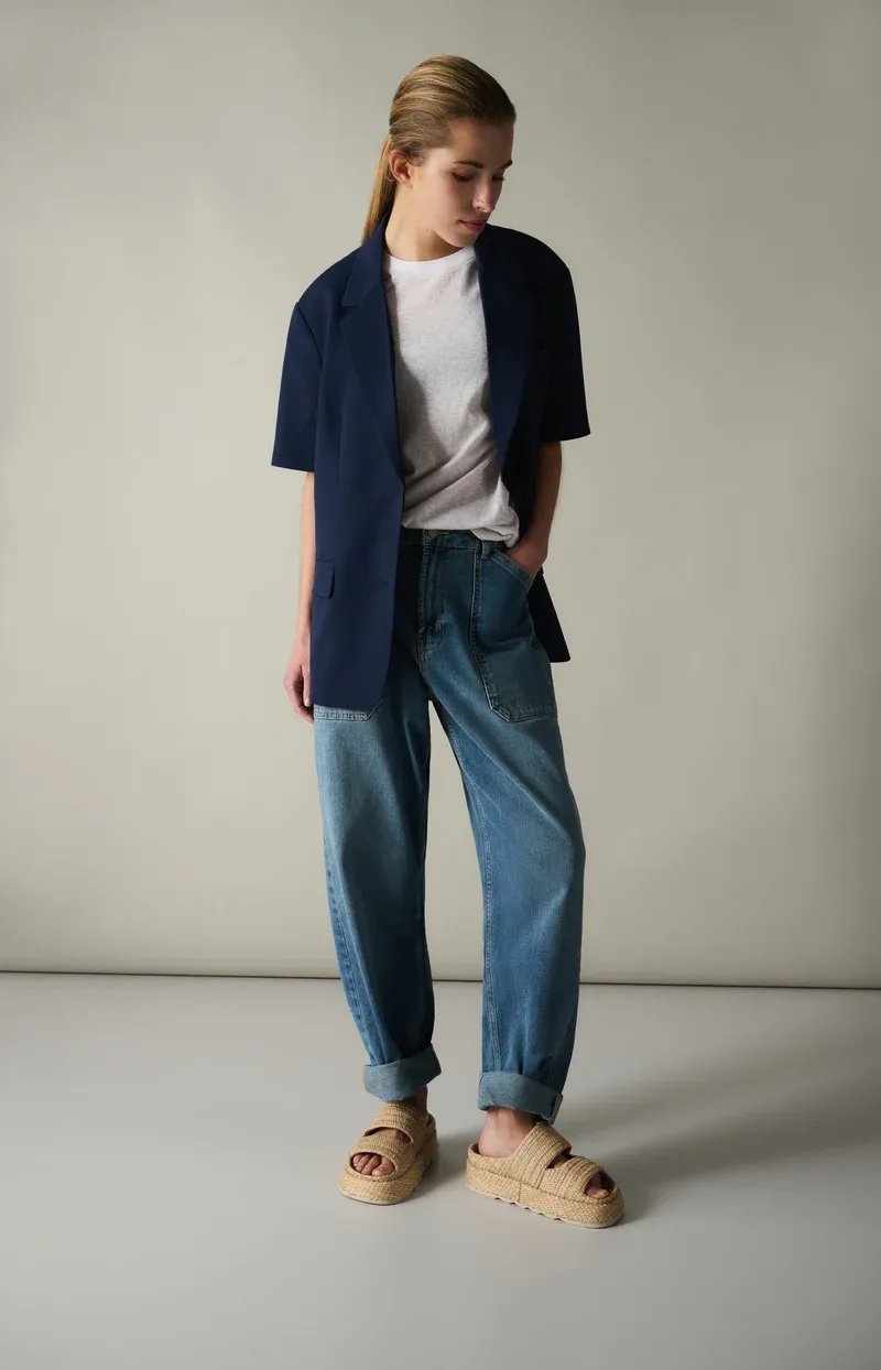 YAYA Denim cargobroek met laag kruis en wijde pijpen