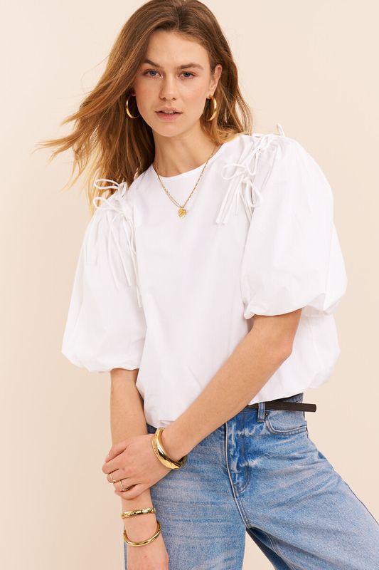 My Jewellery Witte ballon top met strikjes en pofmouwen