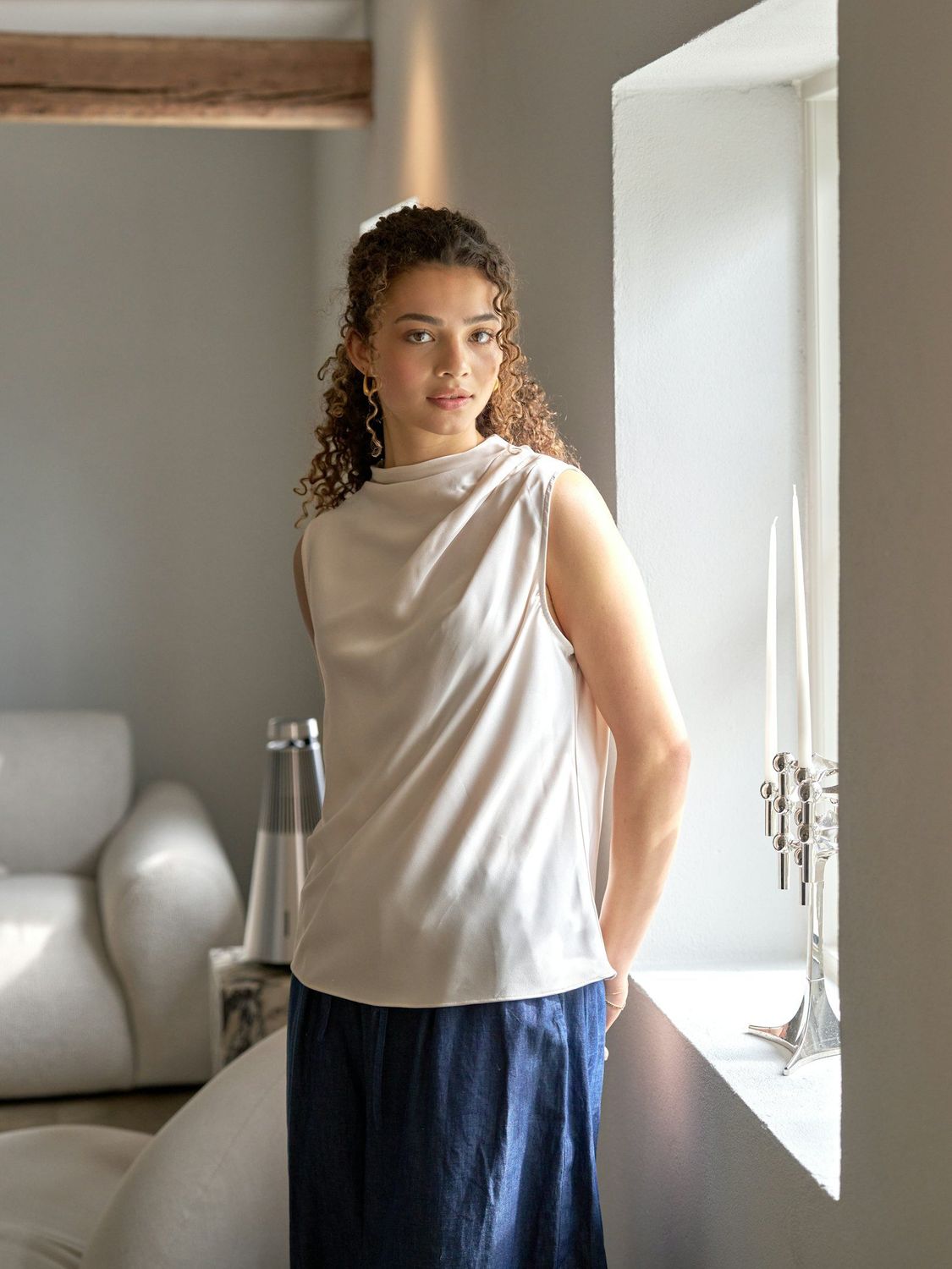 Neo Noir Isola Drapy Satin Top Ecru