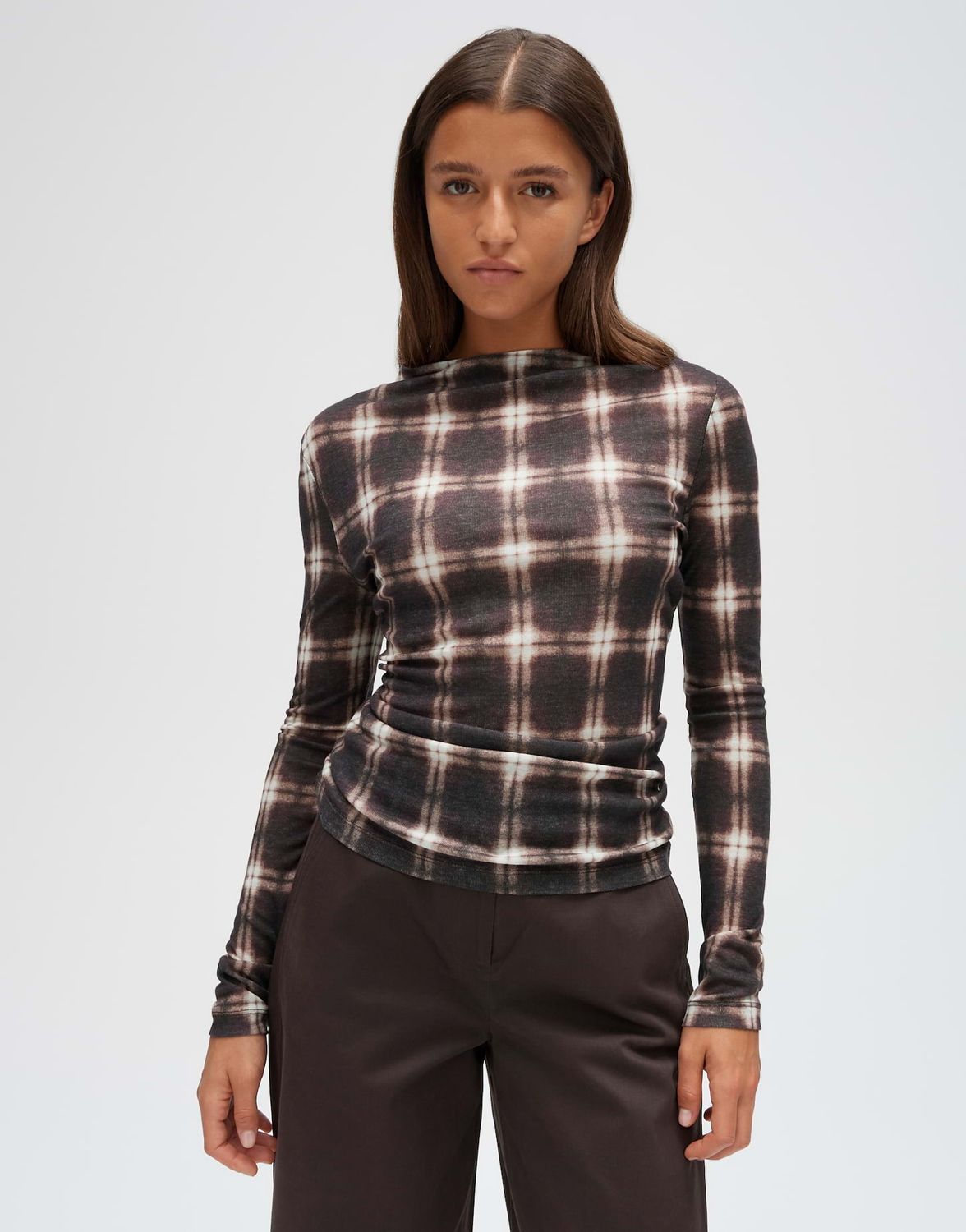 Opus T-shirt met lange mouwen en ruitpatroon slim fit Zwart