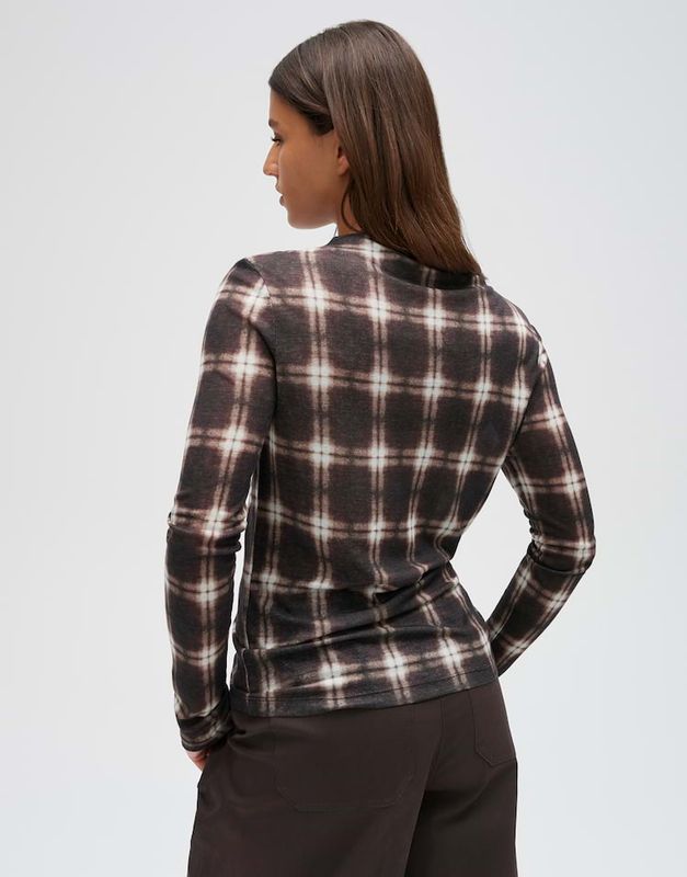 Opus T-shirt met lange mouwen en ruitpatroon slim fit Zwart