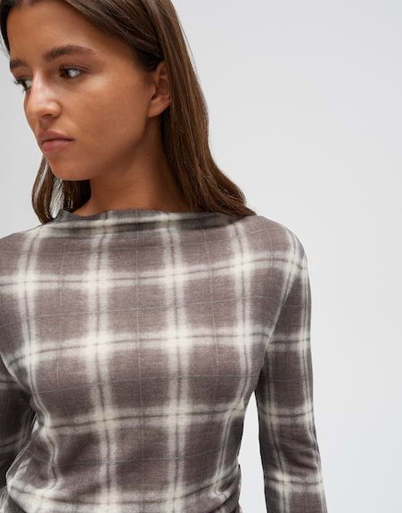 Opus T-shirt met lange mouwen en ruitpatroon slim fit Grijs