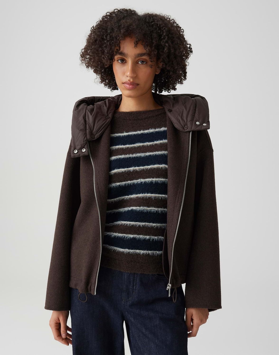 Opus Oversized wollen dubbel jasje met afneembare capuchon