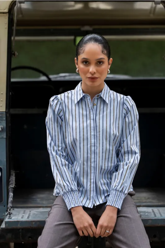 Geisha Blouse pinstripe met rhinestone's