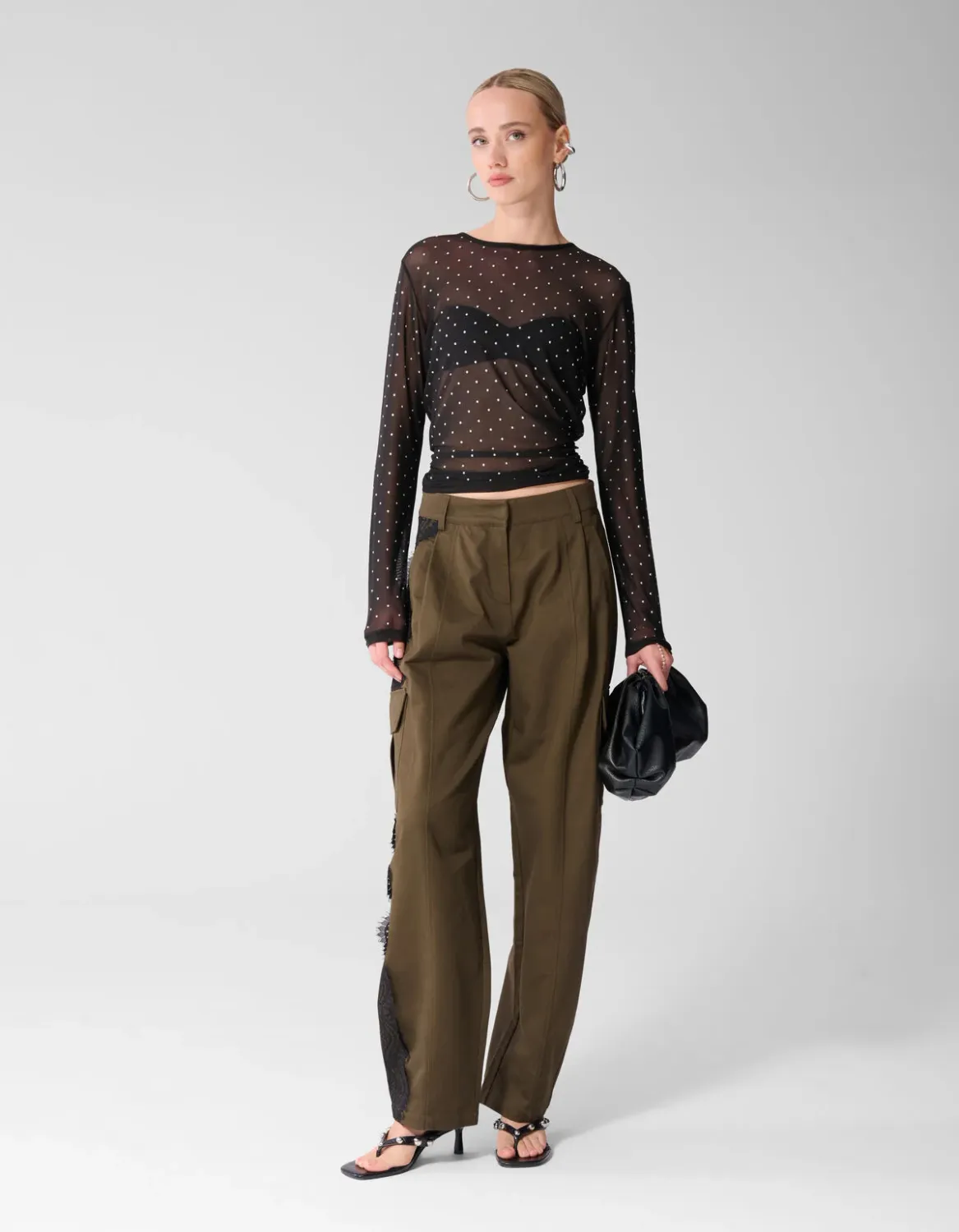 Shoeby Studded Mesh Top Zwart